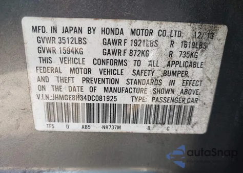 2013 Honda Fit from USA, damaged, VIN JHMGE8H34DC081925